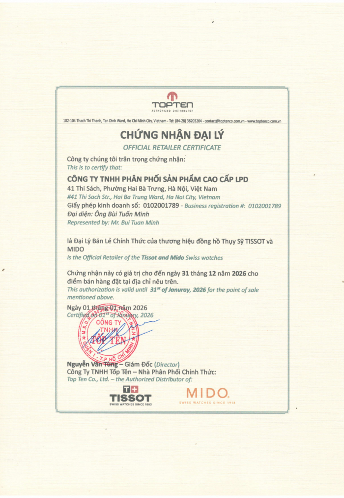 Chứng nhận đại lý ủy quyền chính thức thương hiệu Tissot tại Việt Nam
