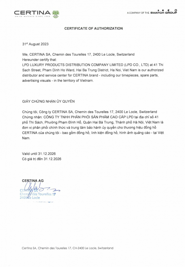 Chứng nhận đại lý ủy quyền chính thức thương hiệu Certina tại Việt Nam