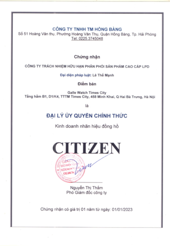 Chứng nhận đại lý ủy quyền chính thức thương hiệu Citizen tại Việt Nam