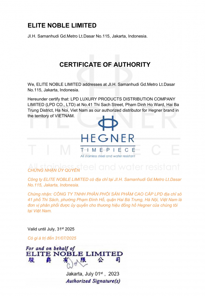 Chứng nhận đại lý ủy quyền chính thức thương hiệu Hegner tại Việt Nam