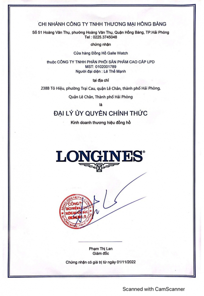 Chứng nhận đại lý ủy quyền chính thức thương hiệu Longines tại Việt Nam