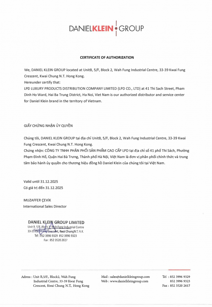 Chứng nhận đại lý ủy quyền chính thức thương hiệu Daniel Klein tại Việt Nam