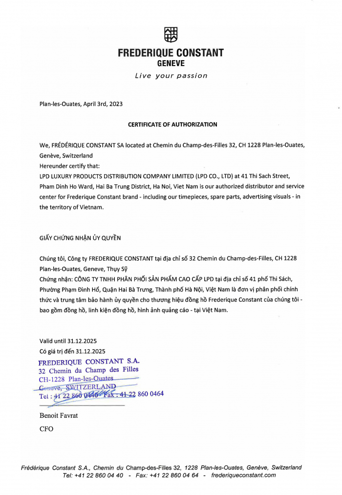 Chứng nhận đại lý ủy quyền chính thức thương hiệu Frederique Constant tại Việt Nam