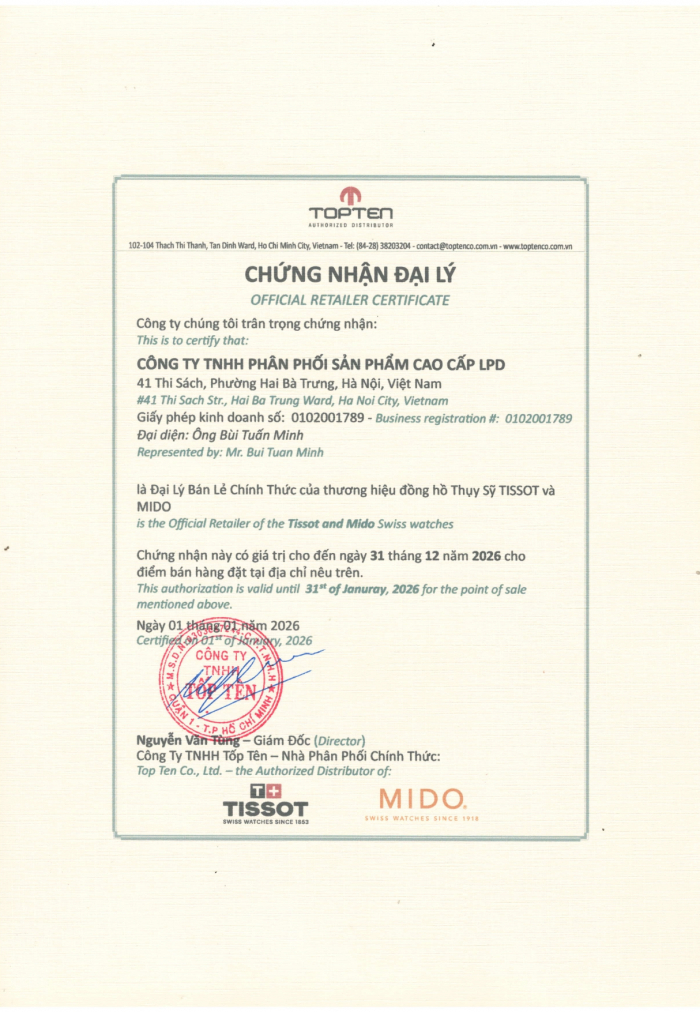 Chứng nhận đại lý ủy quyền chính thức thương hiệu Tissot tại Việt Nam