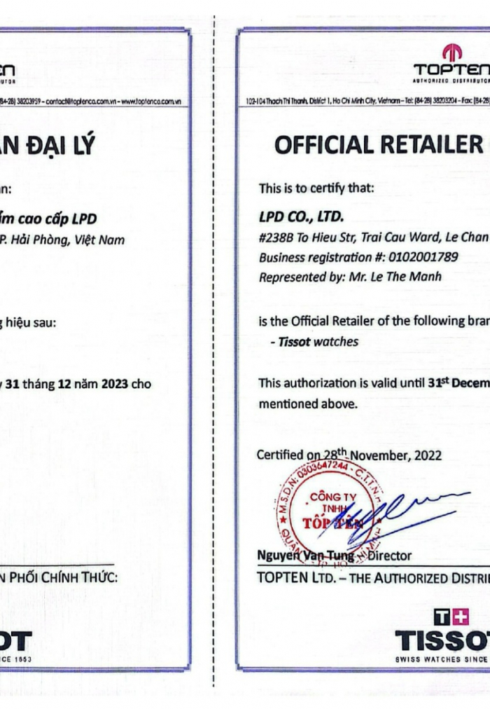 Chứng nhận đại lý ủy quyền chính thức thương hiệu Tissot tại Việt Nam