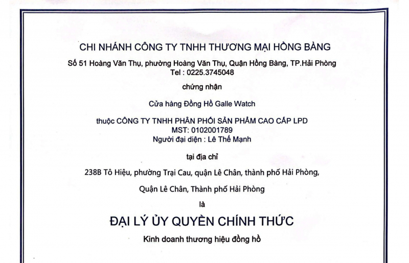 Chứng nhận đại lý ủy quyền chính thức thương hiệu Longines tại Việt Nam