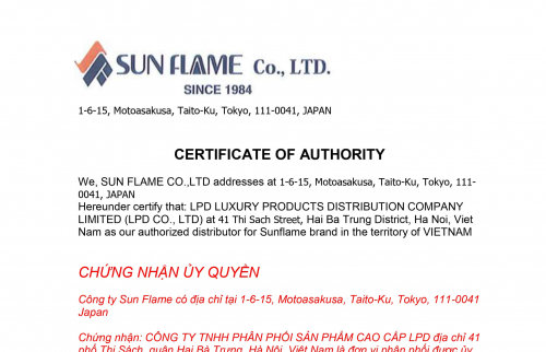 Chứng nhận đại lý ủy quyền chính thức thương hiệu Sunflame tại Việt Nam