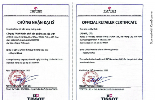 Chứng nhận đại lý ủy quyền chính thức thương hiệu Tissot tại Việt Nam