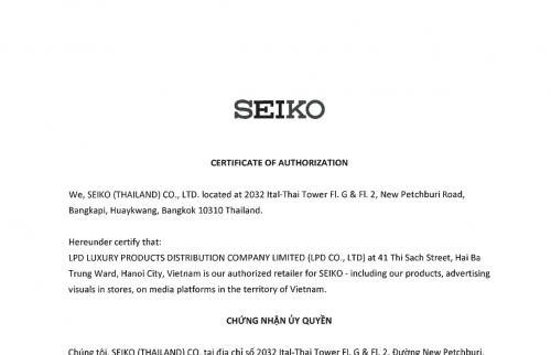 Chứng nhận đại lý ủy quyền chính thức thương hiệu SEIKO Clock tại Việt Nam