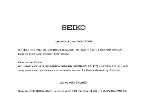 Chứng nhận đại lý ủy quyền chính thức thương hiệu SEIKO Clock tại Việt Nam