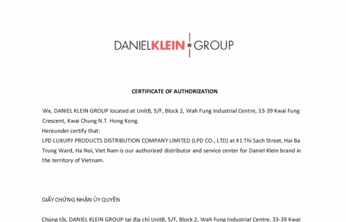  Chứng nhận đại lý ủy quyền chính thức thương hiệu Daniel Klein tại Việt Nam
