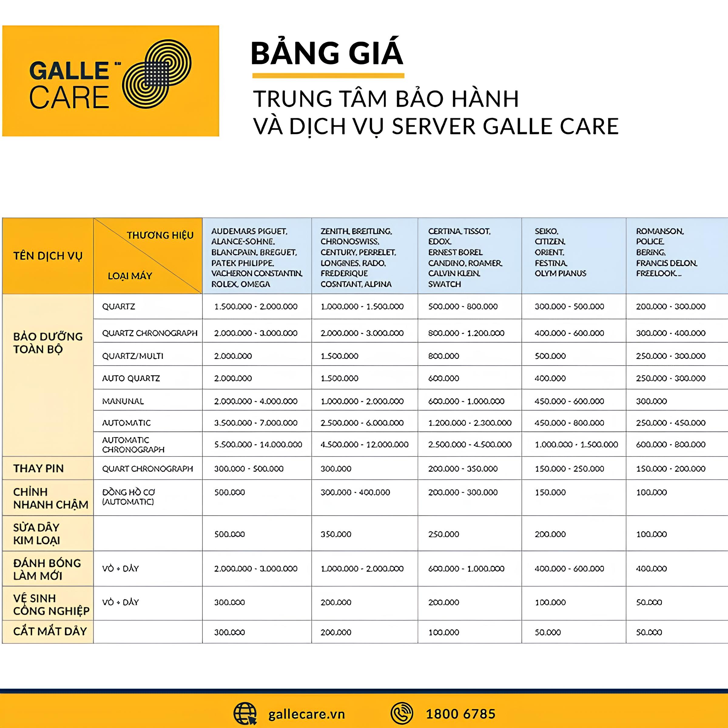 Bảng giá bảo hành ở Galle Care