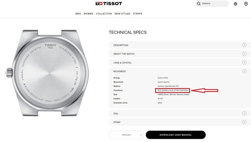 EOL là tính năng cảnh báo pin yếu trên đồng hồ quartz, giúp thay pin kịp thời trước khi đồng hồ dừng chạy