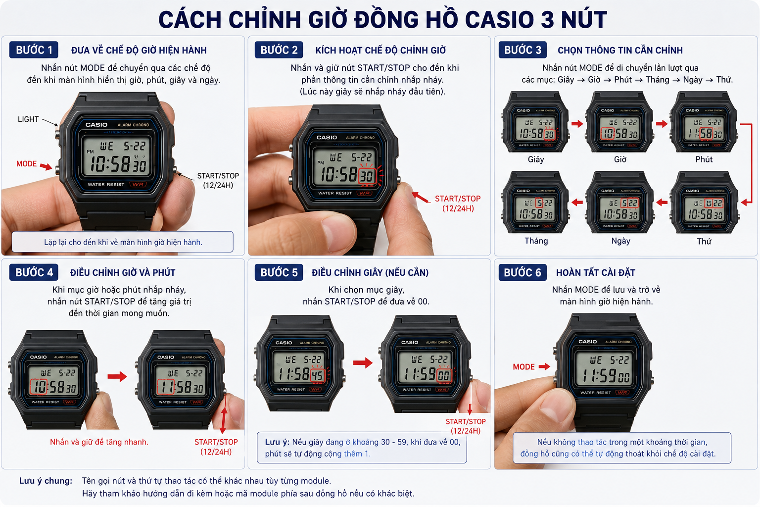 Cách chỉnh giờ đồng hồ Casio 3 nút
