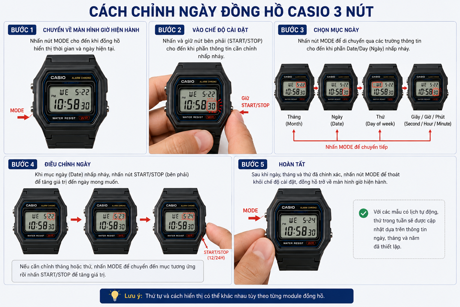 Cách chỉnh ngày đồng hồ Casio 3 nút