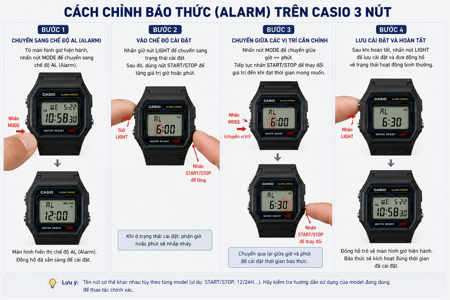 cách chỉnh báo thức đồng hồ casio 3 nút
