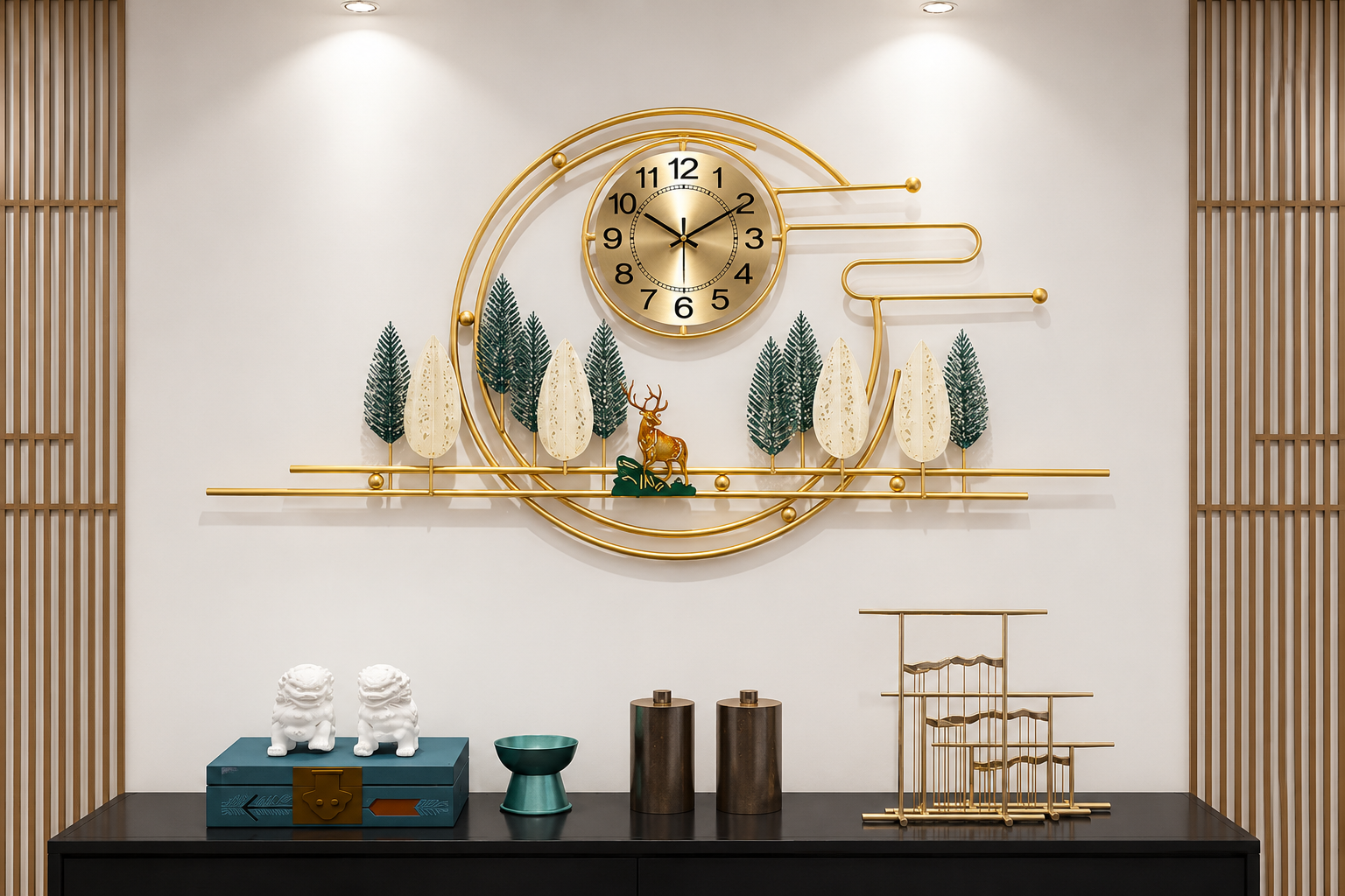 Đồng hồ treo tường decor nghệ thuật hình tuần lộc và rừng cây mạ vàng 