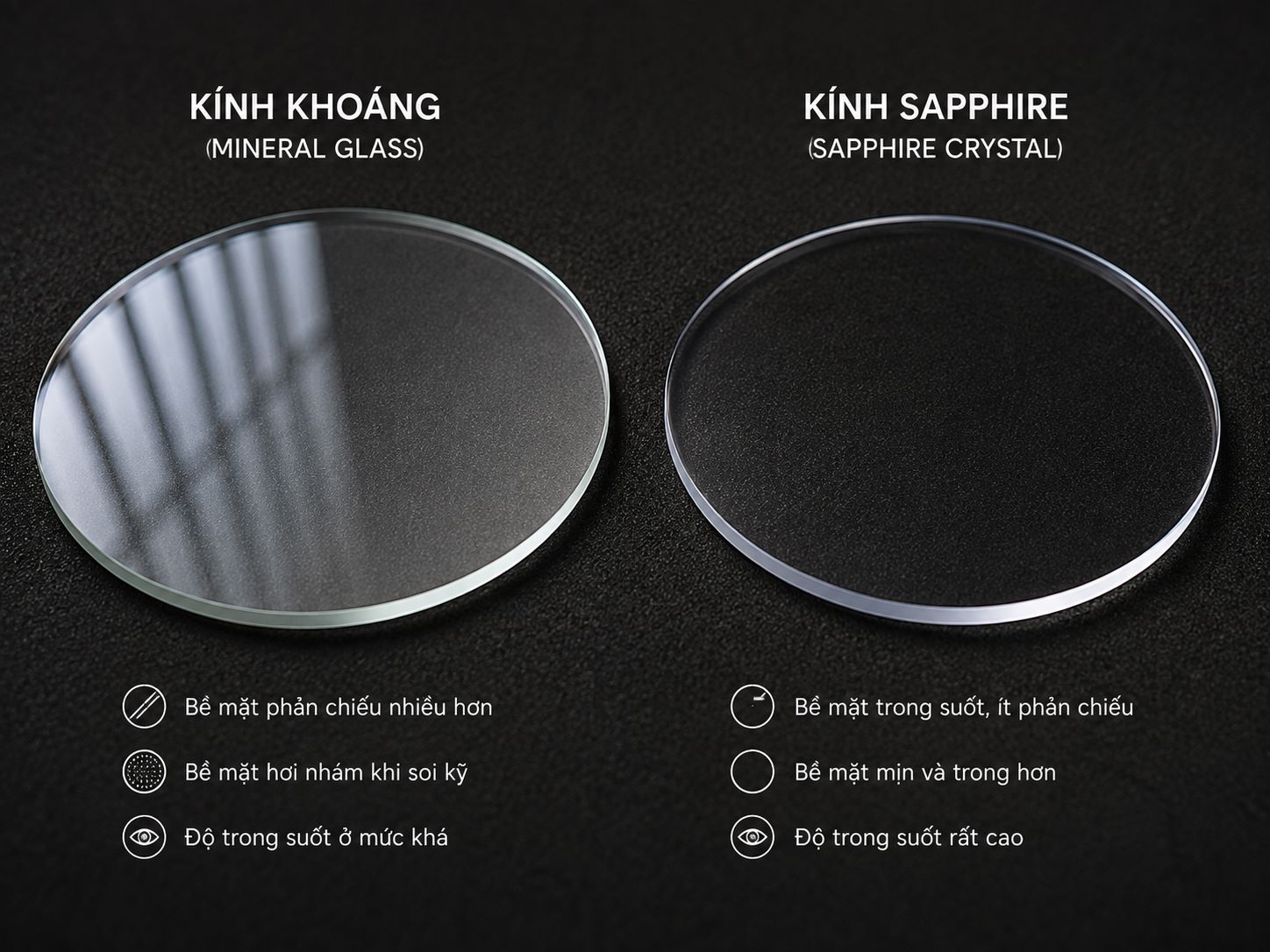 So sánh giữa mặt kính khoáng và kính Sapphire