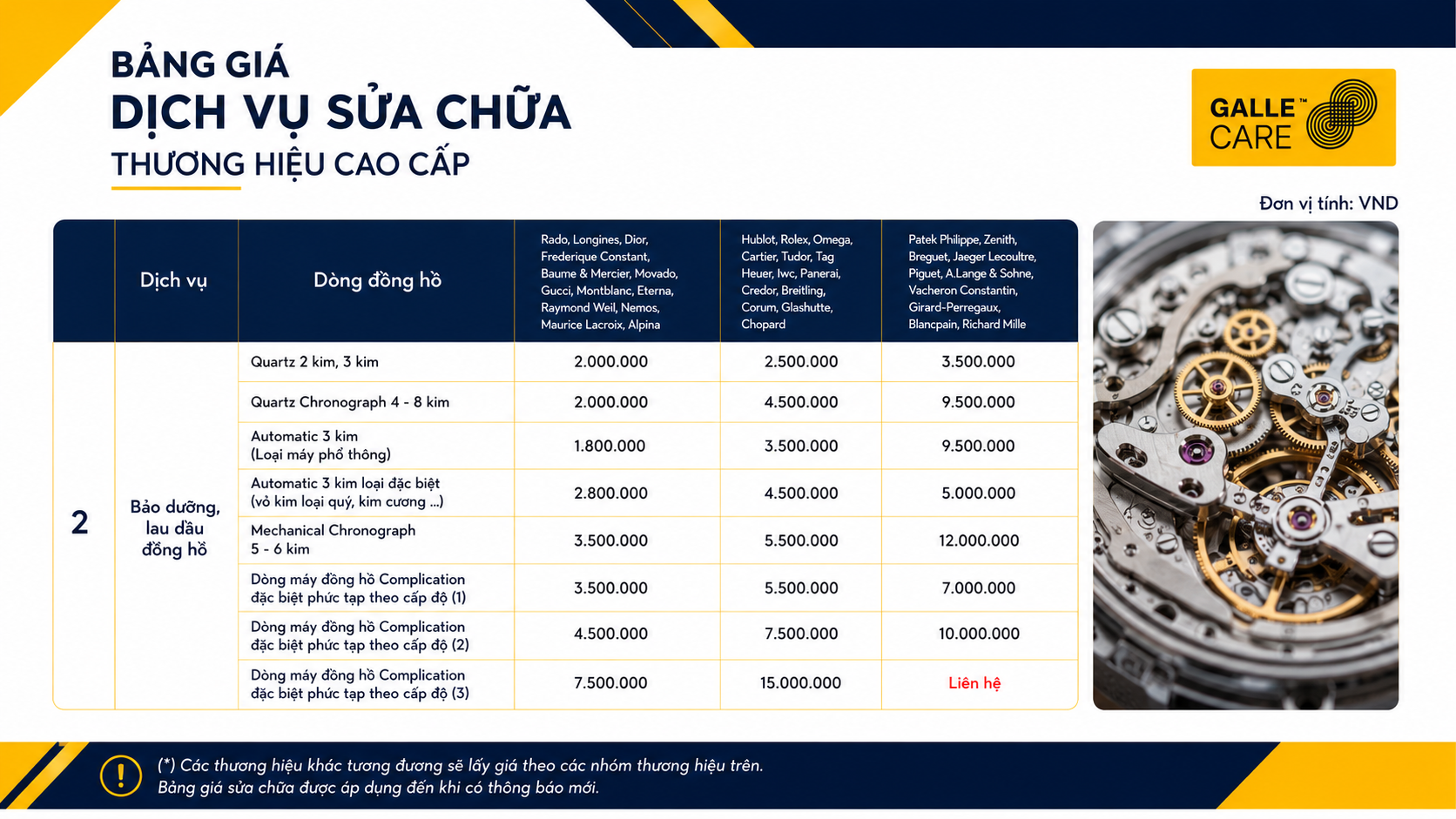 Bảng giá lau dầu đồng hồ dòng cao cấp