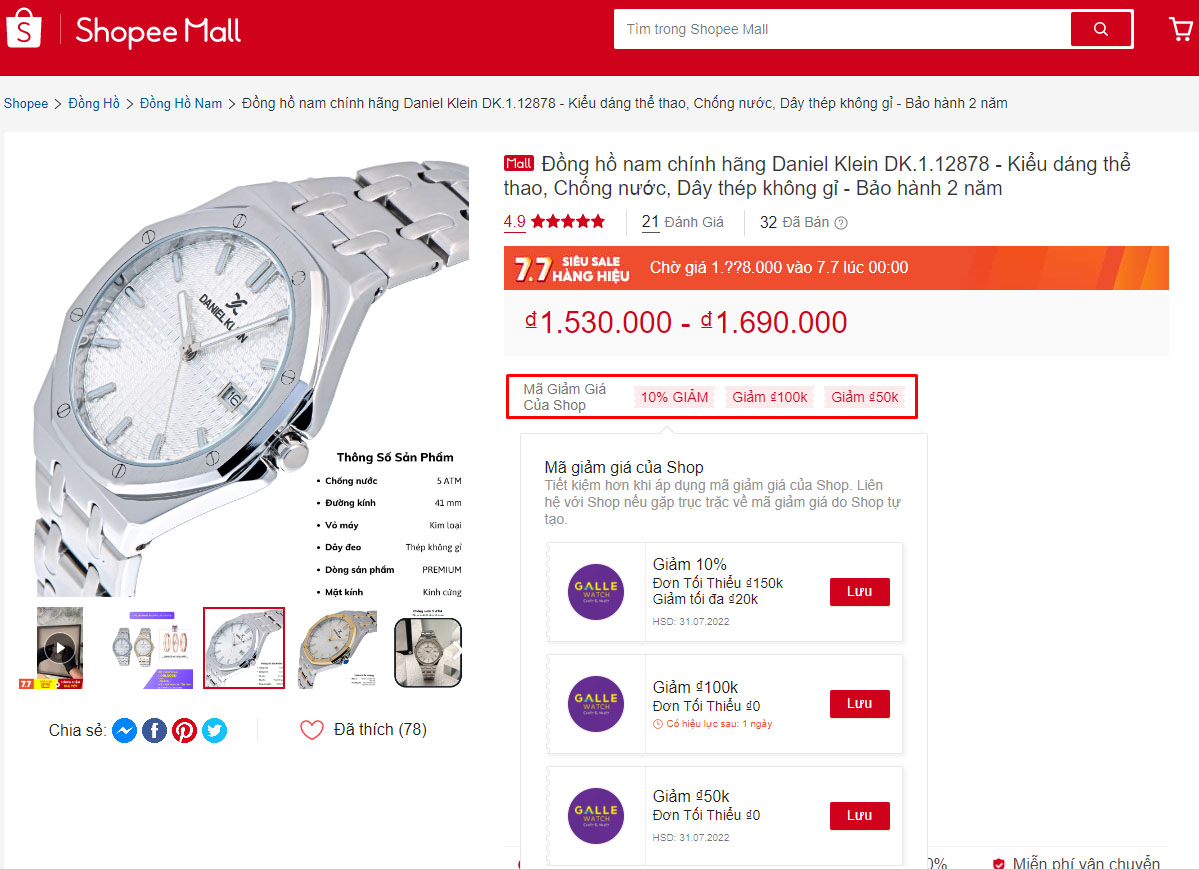 Mã khuyến mại khi mua đồng hồ trên Shopee