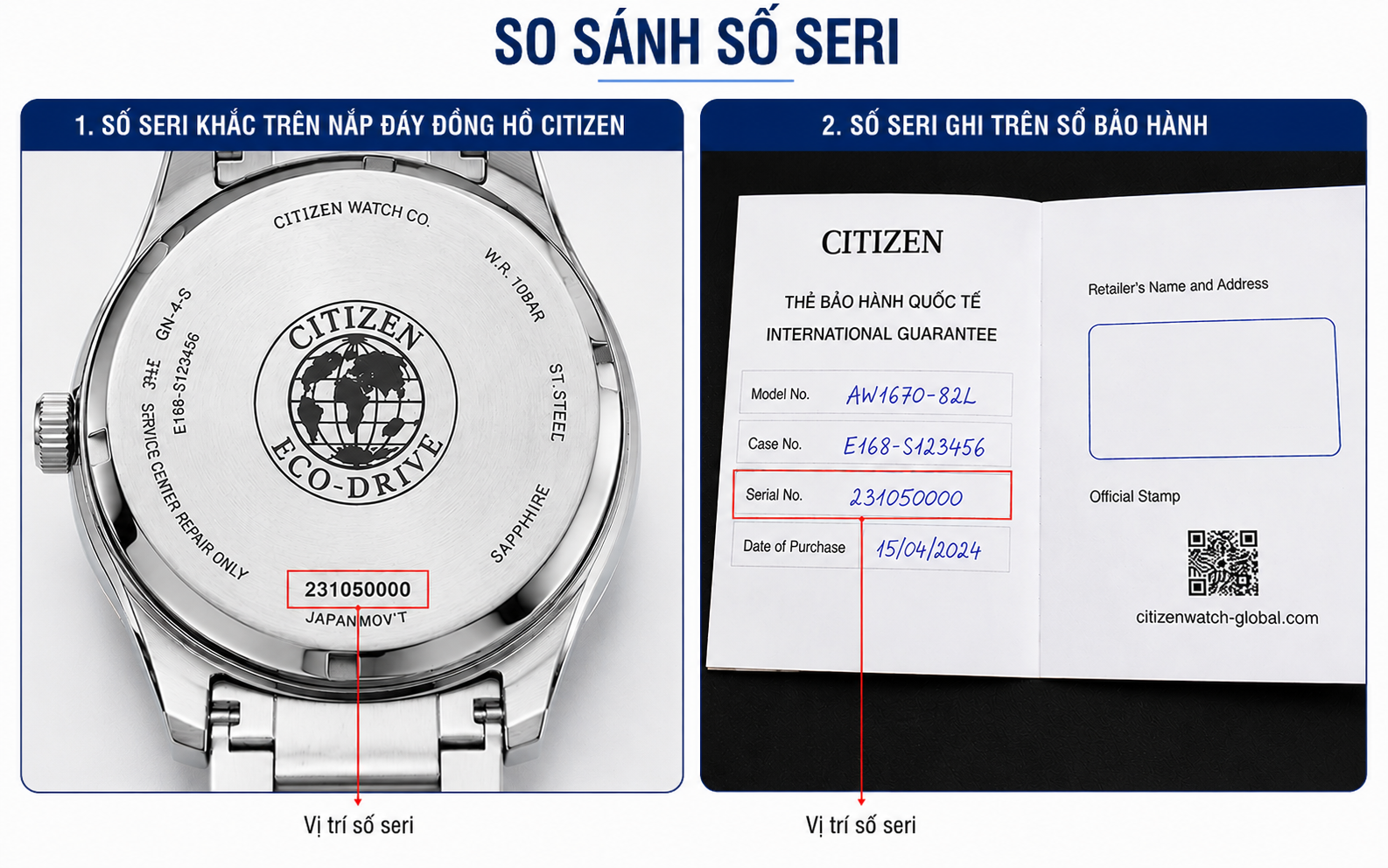 So sánh số seri khắc trên nắp đáy đồng hồ và số seri ghi trên sổ bảo hành chính hãng
