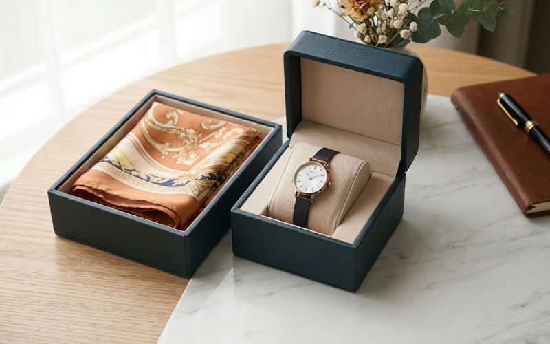 Khăn lụa và đồng hồ đeo tay