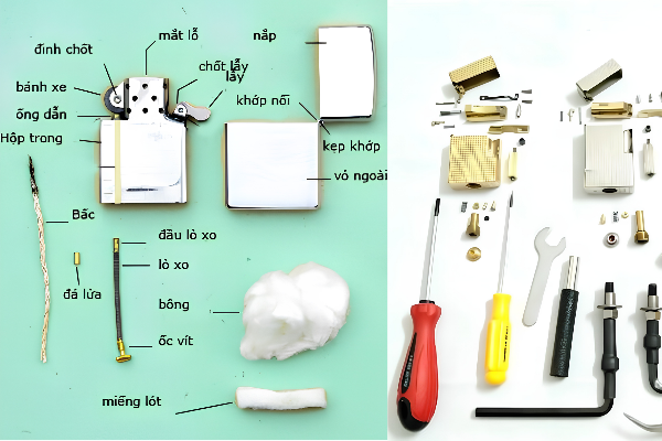 Thiết kế bên trong của  bật lửa Zippo (trái) và Dupont (Phải)