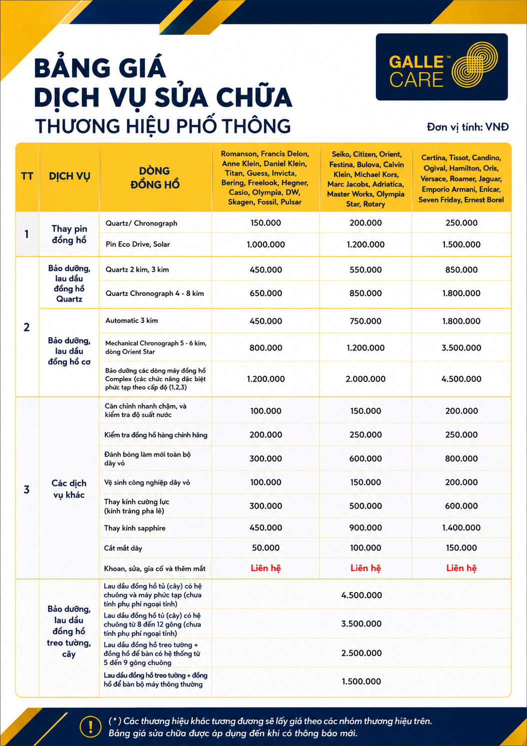 Bảng giá dịch vụ sửa chữa đồng hồ phổ thông
