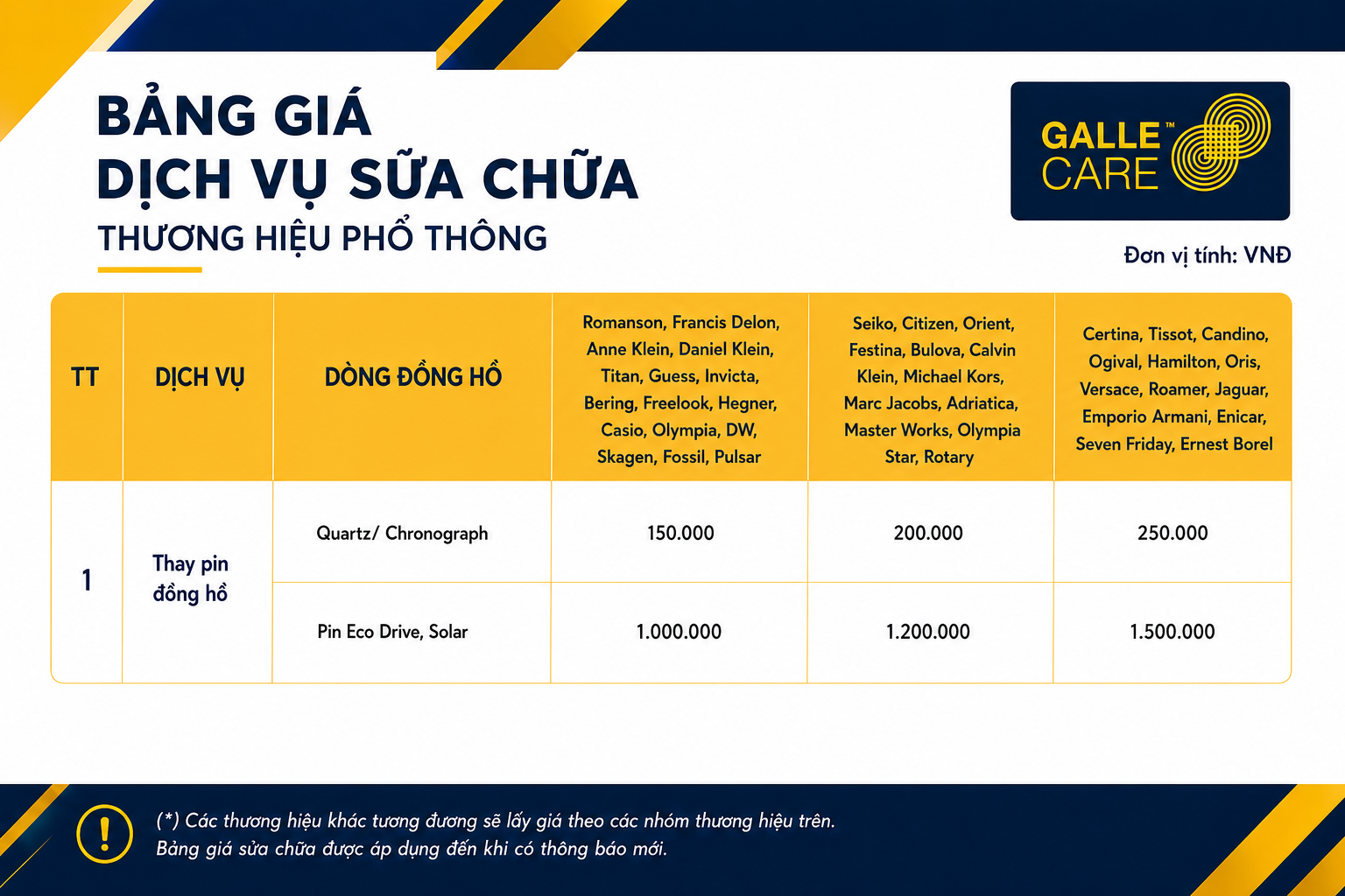 Giá thay pin đồng hồ dòng phổ thông